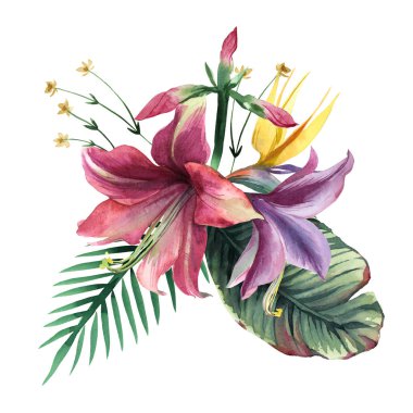 Tropikal çiçek ve yaprak beyaz üzerine suluboya buket