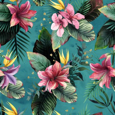 Tropikal çiçek ve yaprak suluboya seamless modeli