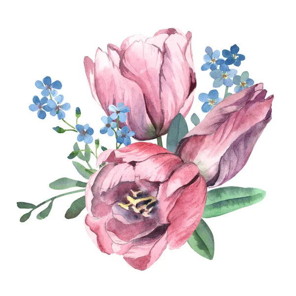 Watercolor bouquet of tulip and  forget-me-not isolate in white — Stock Photo, Image