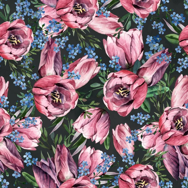Buquê de aquarela de tulipa e esqueça-me-não no escuro — Fotografia de Stock