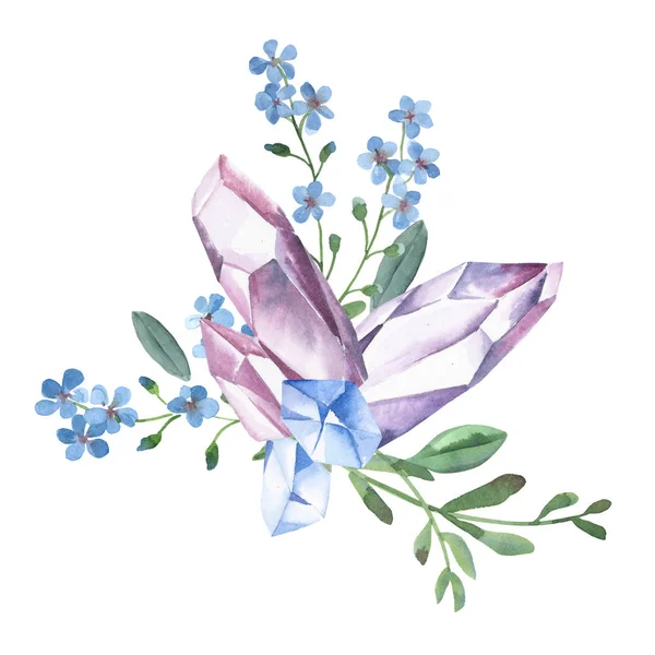 Watercolor bouquet of jewel crystal and forget-me-not