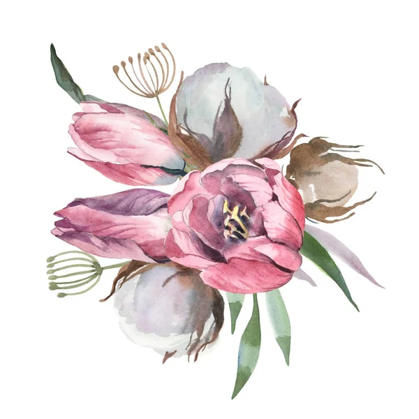 Bouquet aquarelle de tulipes et d'isolats de coton en blanc — Photo