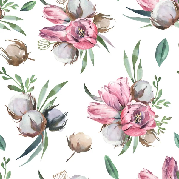 チューリップと綿の水彩の花束 — ストック写真