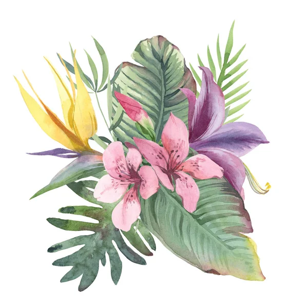 Watercolor bouquet of tropical flowers and leaves on white backg