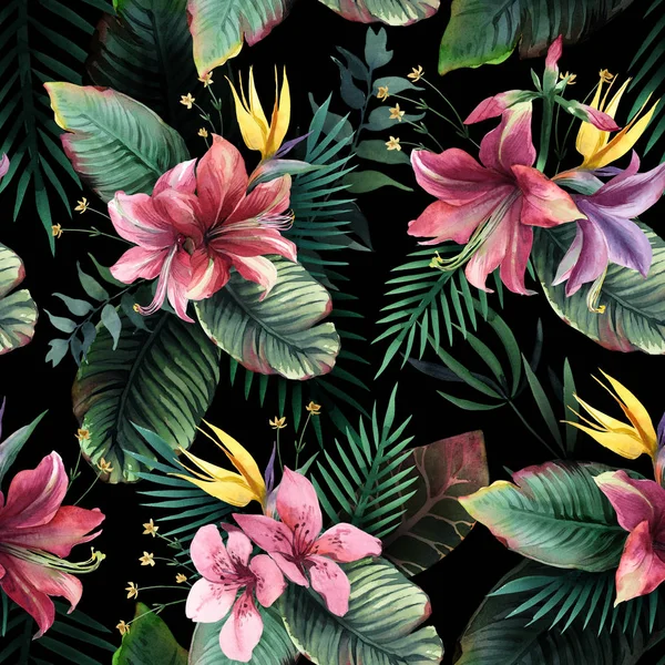 Watercolor seamless pattern of tropical flowers and leaves — Stock Photo, Image