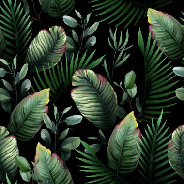 Suluboya tropikal yeşil yaprakları ve palmiye dikişsiz desen