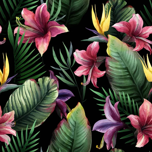 Watercolor seamless pattern of tropical flowers and leaves on da — Stock Photo, Image