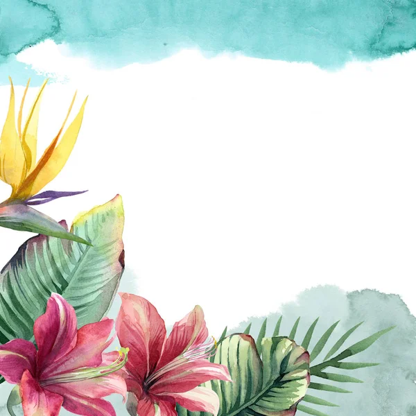 watercolor bright tropical flowers with green palm leaf with pai