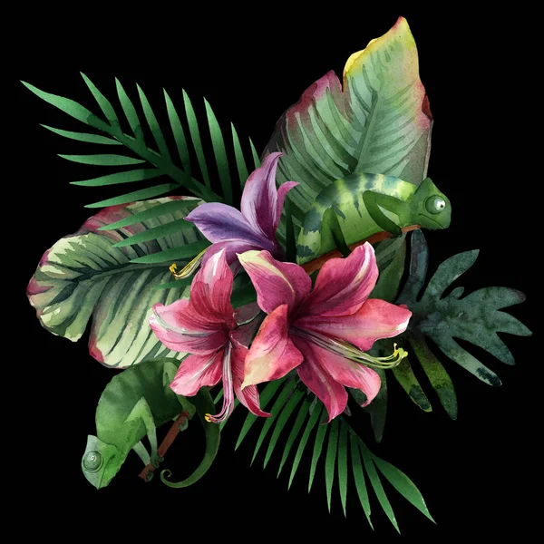 Bouquet acquerello di fiori tropicali, foglie e camaleonti su — Foto Stock