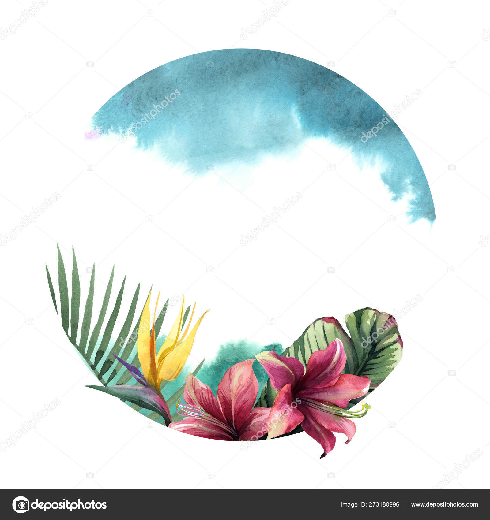 Round Frame Of Bright Tropical Flowers With Green Palm Leaf And Stock Photo C Katbuslaeva 273180996