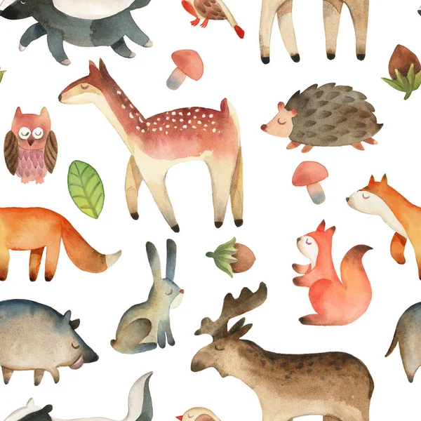 Seamless pattern with bird; elk; moose; owl; leaf; hazelnut; mus — Stock Photo, Image