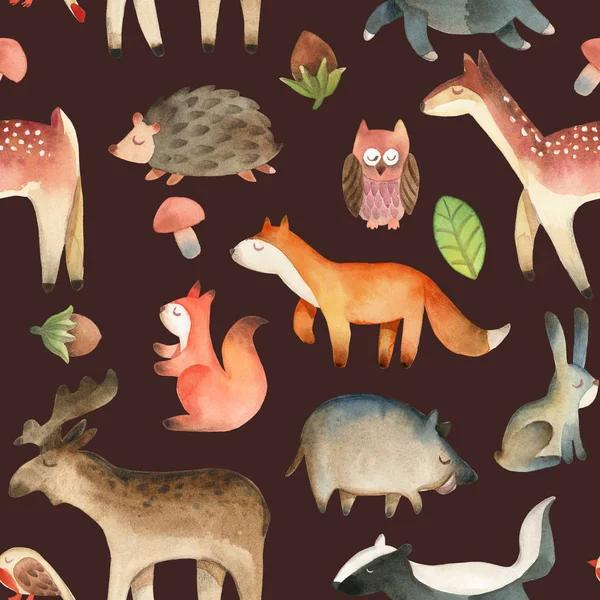 Seamless pattern with bird; elk; moose; owl; leaf; hazelnut; mus — Stock Photo, Image