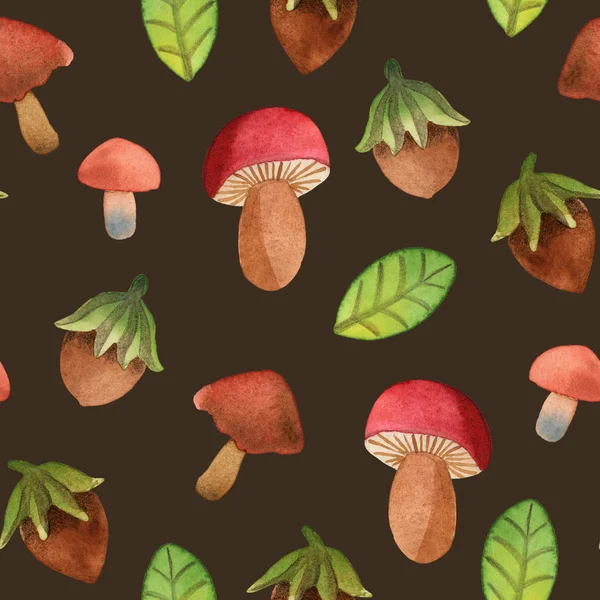 Безшовний візерунок з листям, лісовим горіхом та грибами на коричневому фоні — стокове фото