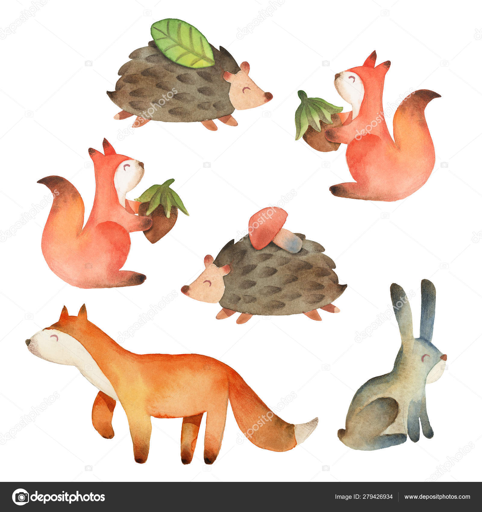 Smile cute little fox, squirrel, hare and hedgehog with leaf, ha Stock  Photo by ©KatBuslaeva 279426934