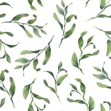 Beyaz arka yeşil minik yaprakları ile suluboya Dikişsiz desen