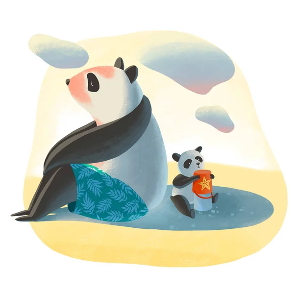 Digital illustration. Big father panda sits on the beach and pro