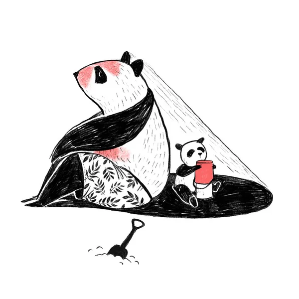 Penna illustration. Stor pappa Panda sitter på stranden och p — Stockfoto