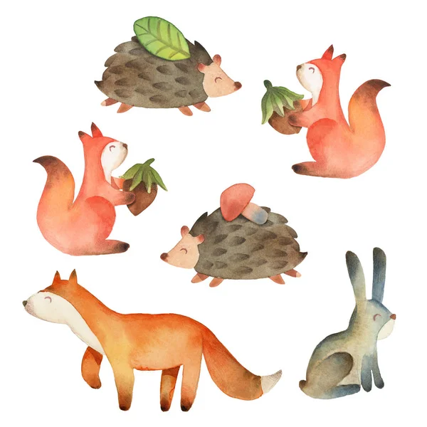 Lächeln niedlicher kleiner Fuchs, Eichhörnchen, Hase und Igel mit Blatt, ha — Stockfoto