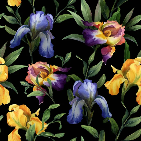 Akvarell varrat nélküli mintázat lila, sárga és kék írisz FL — Stock Fotó