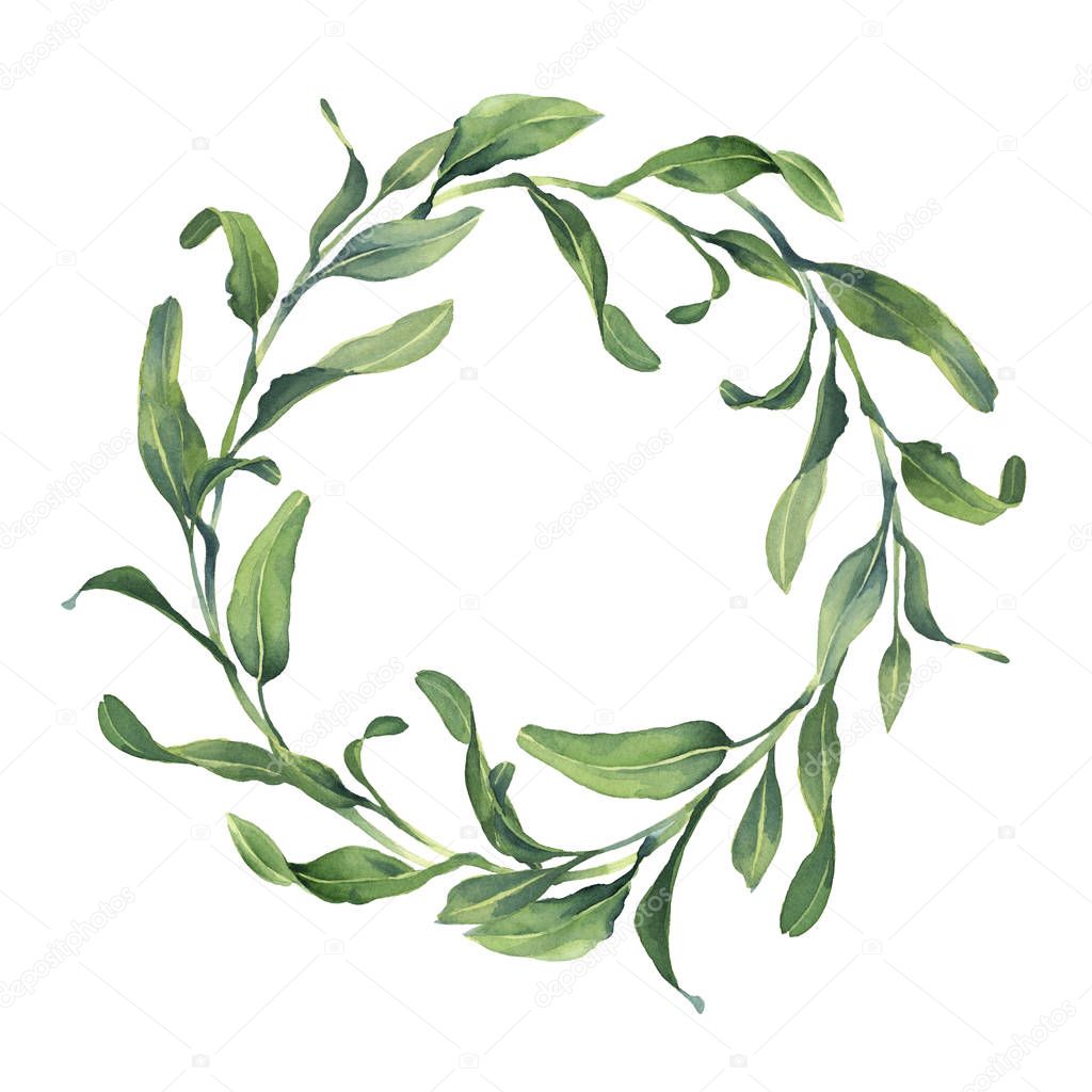 watercolor wreath with green leaves on white background