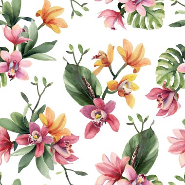 Sarı, gül orkide çiçek ve tropikal lea Dikişsiz desen