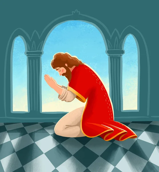 Bible children illustration. Daniel is kneeling and praying to G — Stock Photo, Image