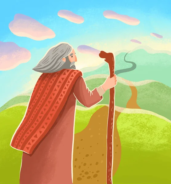 Abraham se tient debout avec un bâton en regardant la longue route lointaine — Photo