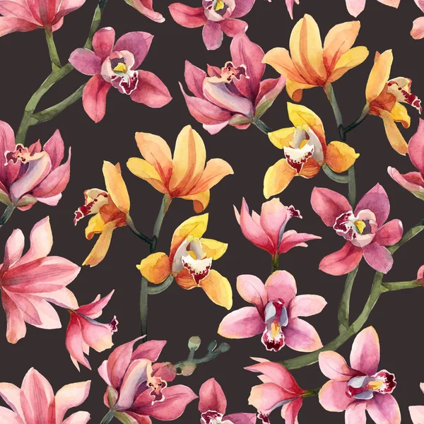 Padrão sem costura de flores amarelas, rosa orquídea e folhas na da — Fotografia de Stock