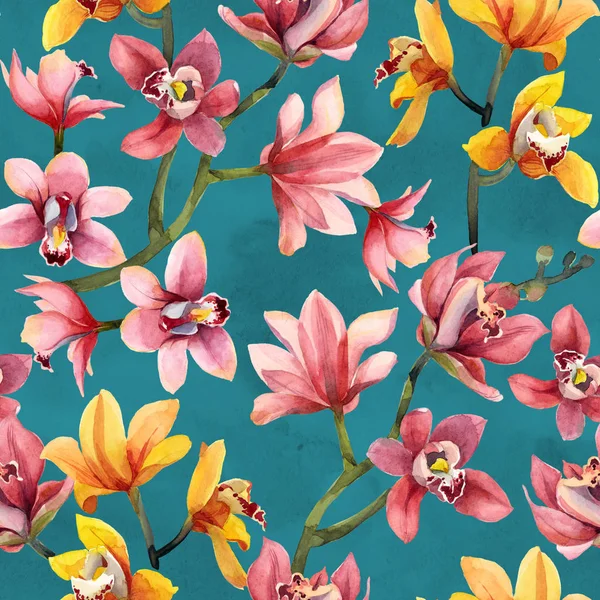 黄色、バラの蘭の花と葉のシームレスなパターン — ストック写真