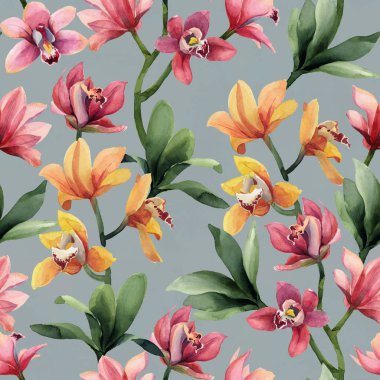 Sarı, gül orkide çiçek ve tropikal lea Dikişsiz desen