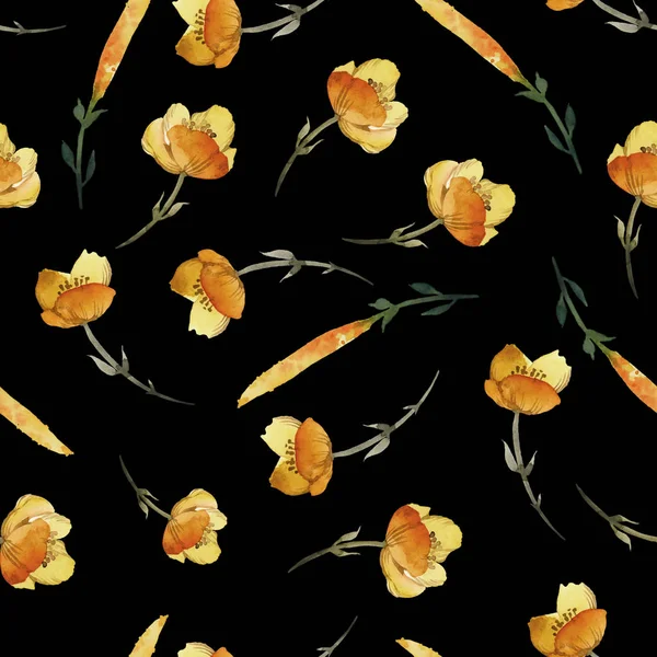 Varrat nélküli mintázat a sárga, a virágok a fekete háttér. — Stock Fotó