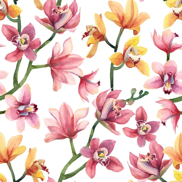 Modèle sans couture de jaune, fleurs d'orchidée rose et feuilles isola — Photo