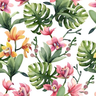 Sarı, gül orkide çiçek ve monstera lea Dikişsiz desen