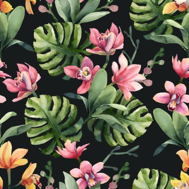 Sarı, gül orkide çiçek ve monstera lea Dikişsiz desen