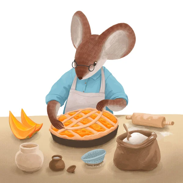 Farbige Illustration über die Maus, die einen Kürbiskuchen backt. ein — Stockfoto