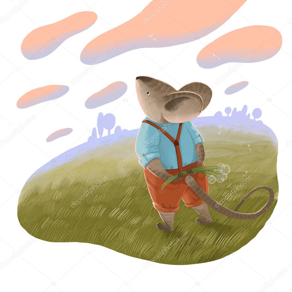 Illustration of the mouse like human in red trousers, shirt stan