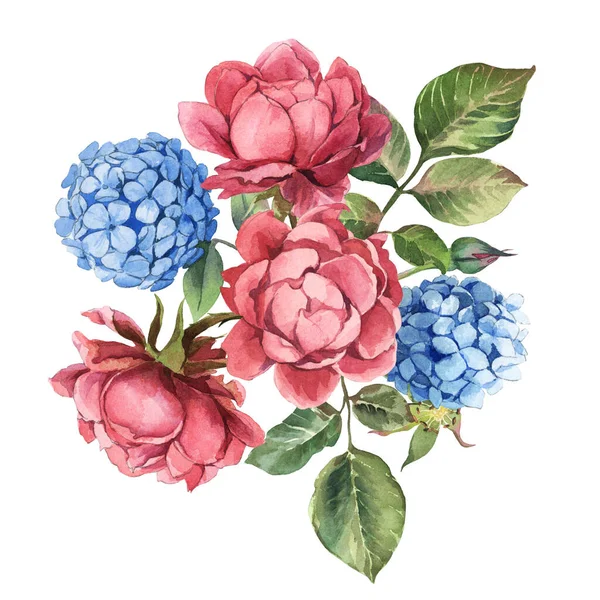 Υδατογραφία Μπουκέτο Ροζ Τριαντάφυλλο Και Μπλε Ορτανσία Φύλλα Λευκό Φόντο — Φωτογραφία Αρχείου