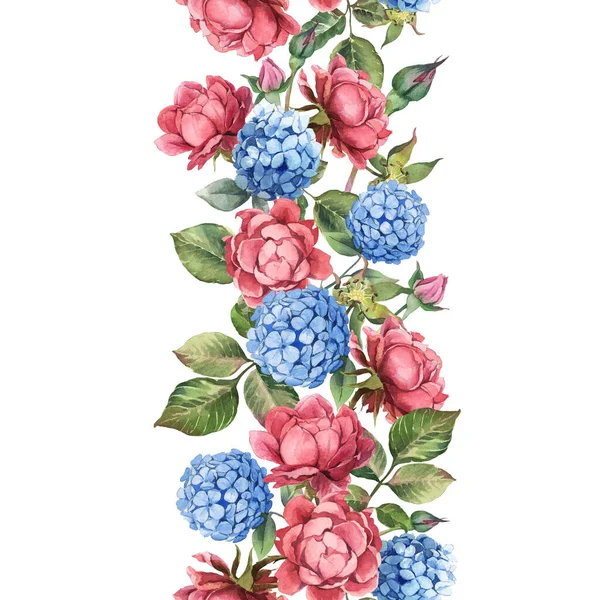 Akvarell Zökkenőmentes Szegély Csokor Rózsaszín Rózsa Kék Hortenzia Levelek Fehér — Stock Fotó