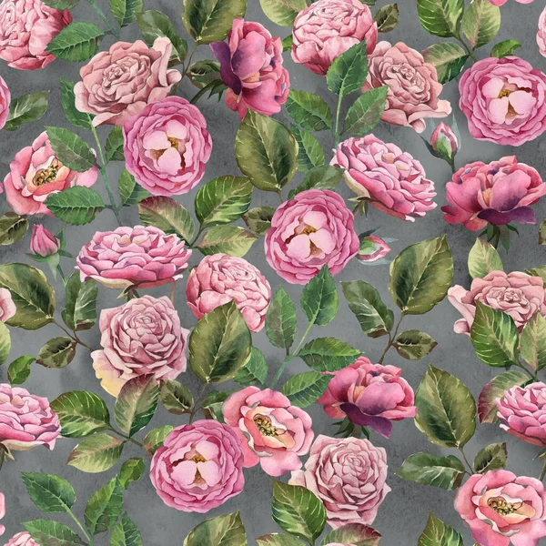 Akvarell Csokor Rózsaszín Rózsa Levelek Szürke Háttér Shabby Stílusú Virágok — Stock Fotó