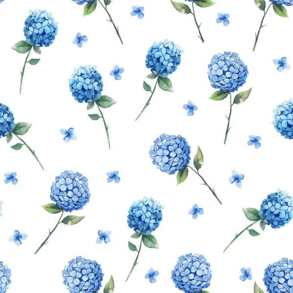 Aquarel Naadloos Patroon Blauwe Hortensia Met Bladeren Witte Achtergrond Shabby — Stockfoto