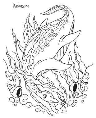 Çocuk boyama kitabı için siyah ve beyaz vektör basit bir illüstrasyon. Dinozor Plesiosauria denizde yüzer.