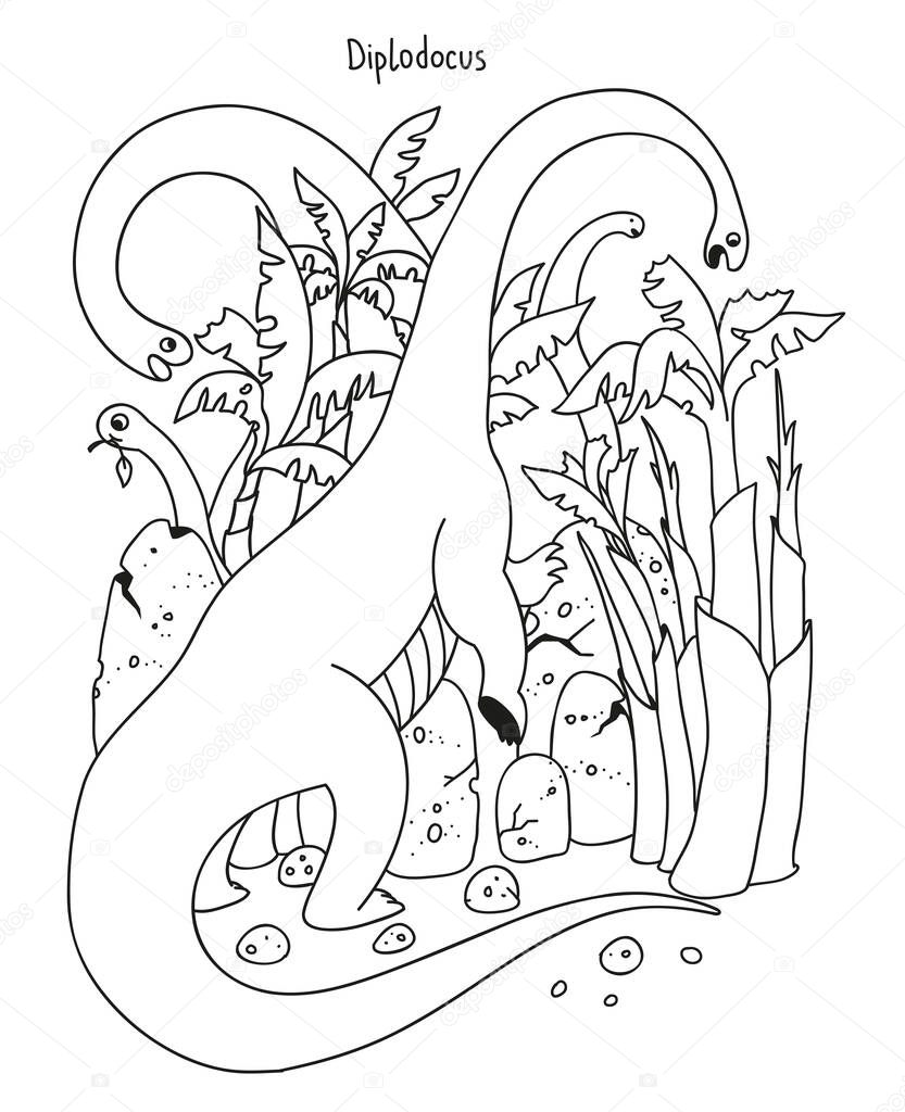 Black and white vector simple illustration for kids coloring book. Dinosaur Diplodocus eats plants.