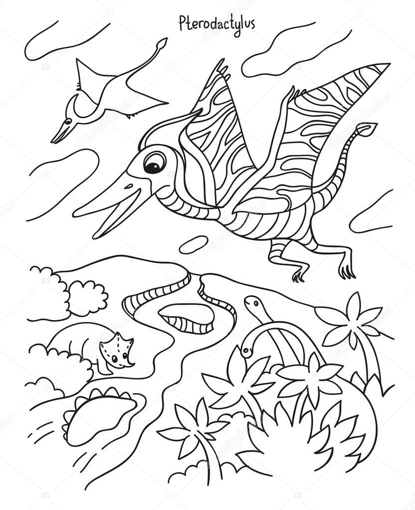 Black and white vector simple illustration for kids coloring book. Dinosaur Pterodactylus flies in the sky