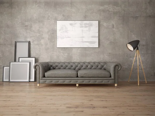 Mock Modern Living Room Leather Sofa Trendy Hipster Background — Stock Photo, Image