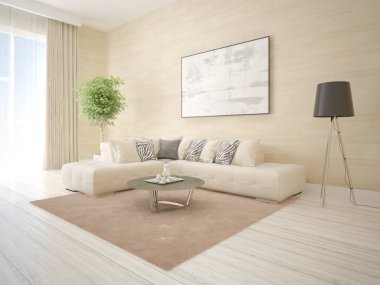 Bir rahat köşe kanepe ve şık bir fon ile parlak bir oturma odası kadar alay.