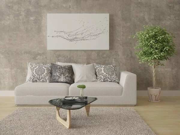 Mock up a bright living room with a compact comfortable sofa and hipster background.