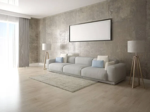 模拟一个现代客厅与一个轻的沙发和时髦的时髦背景 — 图库照片