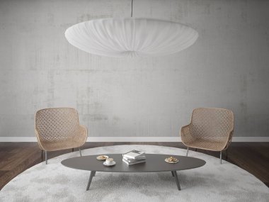 İki şık koltuk ve büyük bir şık avize ile parlak bir oturma odası kadar alay.