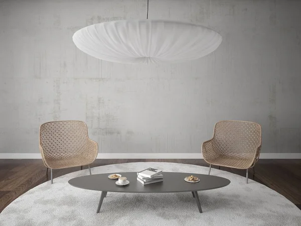 İki şık koltuk ve büyük bir şık avize ile parlak bir oturma odası kadar alay.