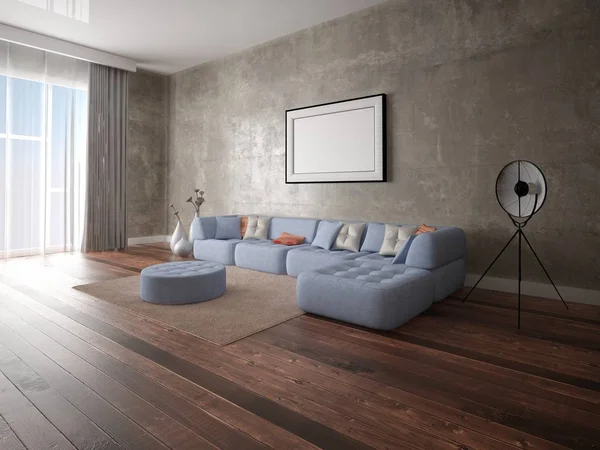 Mock up a modern living room with a corner comfortable sofa and hipster background.